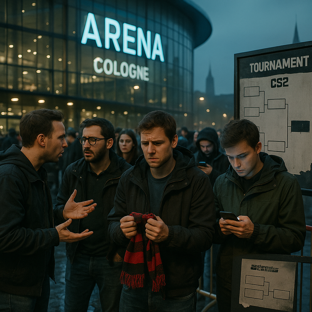 Fotorealistyczna scena przed areną e-sportową w Kolonii po zmroku: tłum fanów CS2 w deszczu
