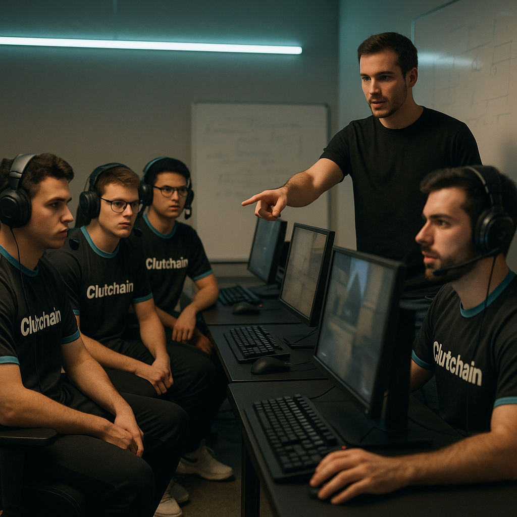 Clutchain esports players and their coach debrief in a teal-lit CS2 bootcamp, focused on